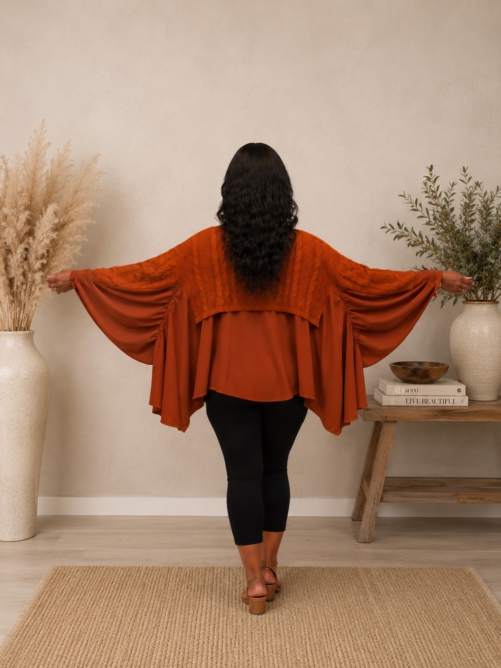 Rust Cable-Knit Draped Sleeve Sweater Poncho - NWOT - Picture 2 of 5